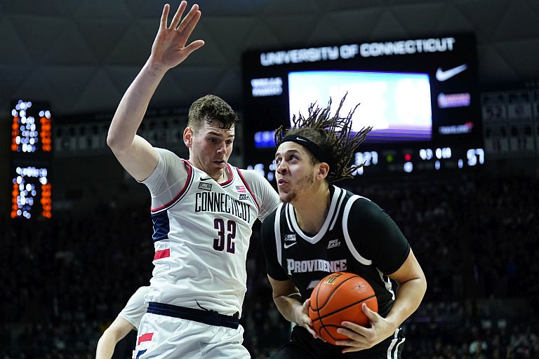 Providence Friars forward Josh Oduro (13) looks to shoot against UConn Huskies center Donovan Clingan