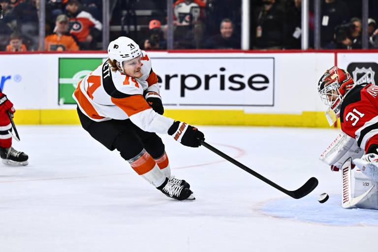 Philadelphia Flyers right wing Owen Tippett (74) shoots against New Jersey Devils goalie Kaapo Kahkonen