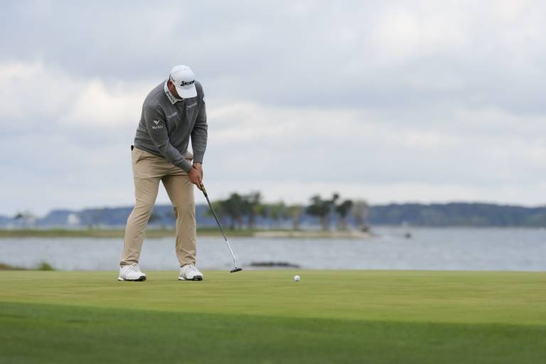 Sepp Straka putts on the 18th green during the final round of the RBC Heritage golf tournament.
