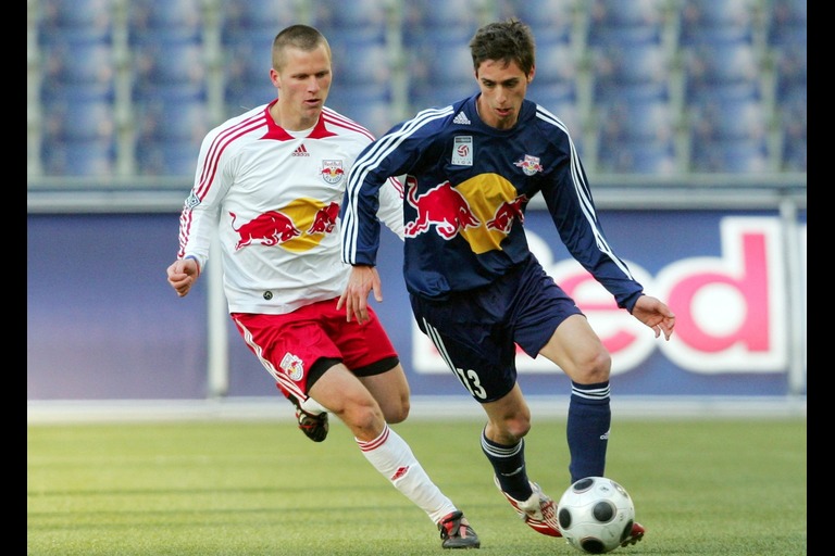 Mar 6, 2008; Salzburg, AUSTRIA; New York Red Bulls midfielder Seth Stammler (left) battles Ernst Oebster of Red Bull Salzburg during their friendly match at Bullen Arena. The New York Red Bulls are training in Austria for the 2008 season. Mandatory Credit: Hans Simonlehner/GEPA pictures via USA TODAY Sports